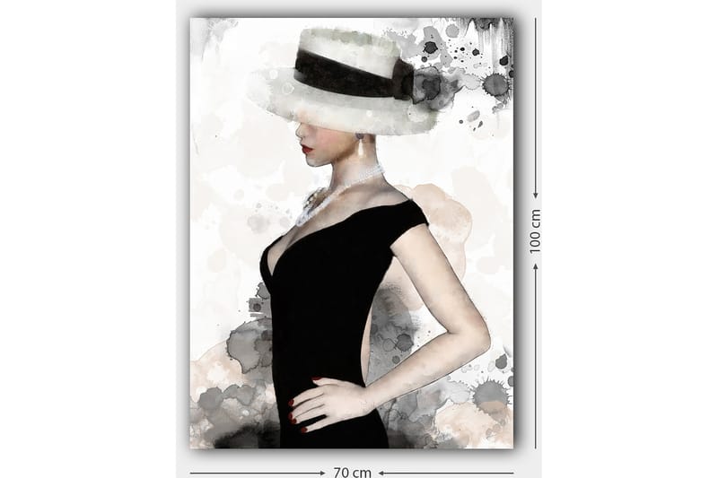 Lerretsbilde 70x100 cm - Elegant kvinne i svart kjole med stor hatt som fremhever stilen og skjønnheten hennes - Svart / Grå / Beige - Interiør - Maleri & posters - Lerretsbilder
