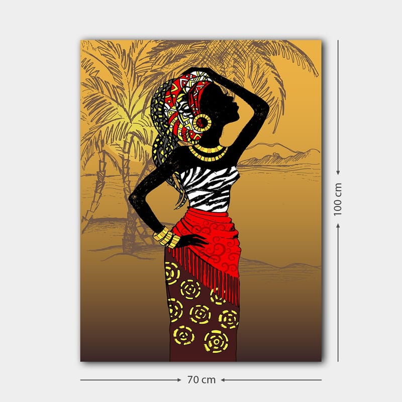 Lerretsbilde 70x100 cm - Elegant kvinne i tradisjonelle klær og smykker, poserer mot en eksotisk bakgrunn - Svart / Rød / Gul - Interiør - Maleri & posters - Lerretsbilder
