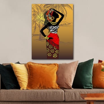 Lerretsbilde 70x100 cm - Elegant kvinne i tradisjonelle klær og smykker, poserer mot en eksotisk bakgrunn - Svart / Rød / Gul - Interiør - Maleri & posters - Lerretsbilder