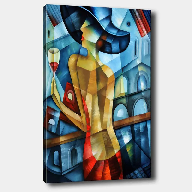 Lerretsbilde 70x100 cm - Elegant kvinne med et glass vin i hånden, iført en rød kjole og en stor hatt, stående foran en stilisert bybakgrunn, Blå / Rød / Beige