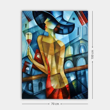 Lerretsbilde 70x100 cm - Elegant kvinne med et glass vin i hånden, iført en rød kjole og en stor hatt, stående foran en stilisert bybakgrunn - Blå / Rød / Beige - Interiør - Maleri & posters - Lerretsbilder