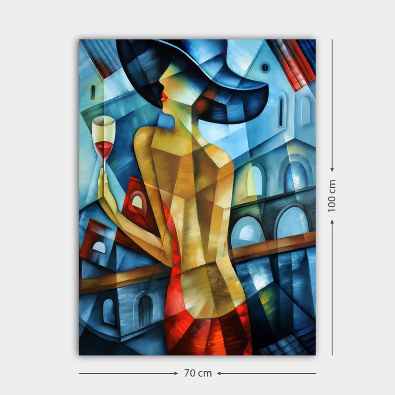 Lerretsbilde 70x100 cm - Elegant kvinne med et glass vin i hånden, iført en rød kjole og en stor hatt, stående foran en stilisert bybakgrunn - Blå / Rød / Beige - Interiør - Maleri & posters - Lerretsbilder