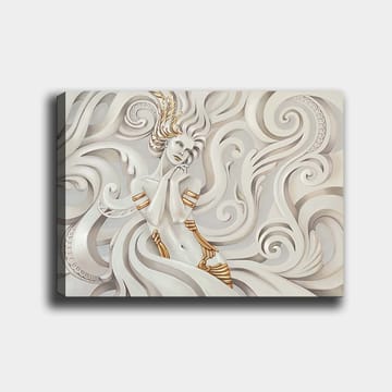Lerretsbilde 70x100 cm - Elegant kvinne med flagrende hår omgitt av dekorative virvler og mønstre - Hvit / Gull / Grå - Interiør - Maleri & posters - Lerretsbilder