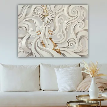 Lerretsbilde 70x100 cm - Elegant kvinne med flagrende hår omgitt av dekorative virvler og mønstre - Hvit / Gull / Grå - Interiør - Maleri & posters - Lerretsbilder