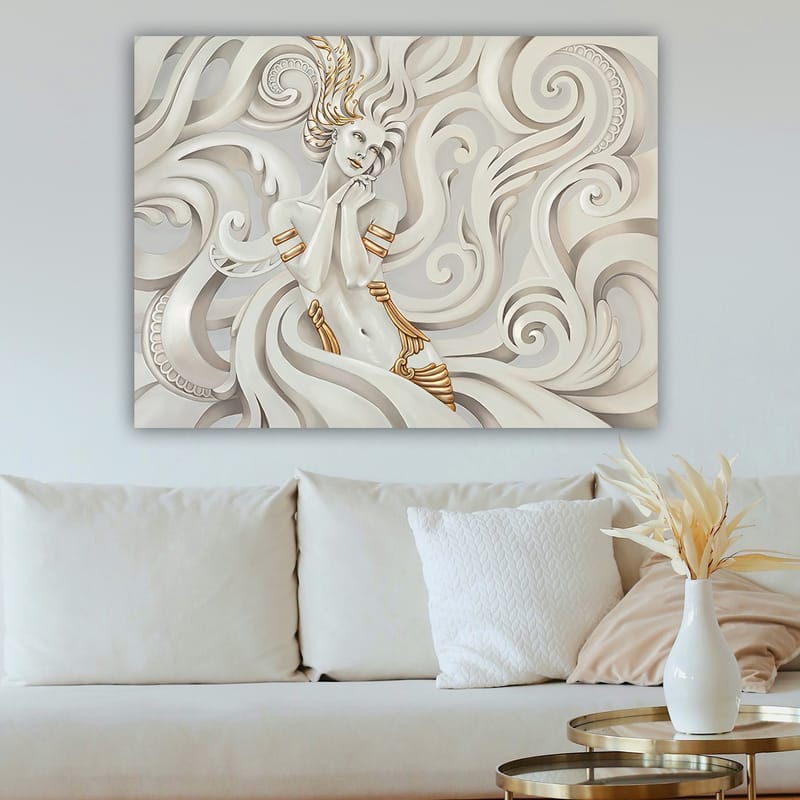 Lerretsbilde 70x100 cm - Elegant kvinne med flagrende hår omgitt av dekorative virvler og mønstre - Hvit / Gull / Grå - Interiør - Maleri & posters - Lerretsbilder