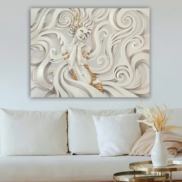 Lerretsbilde 70x100 cm - Elegant kvinne med flagrende hår omgitt av dekorative virvler og mønstre - Hvit / Gull / Grå - Interiør - Maleri & posters - Lerretsbilder