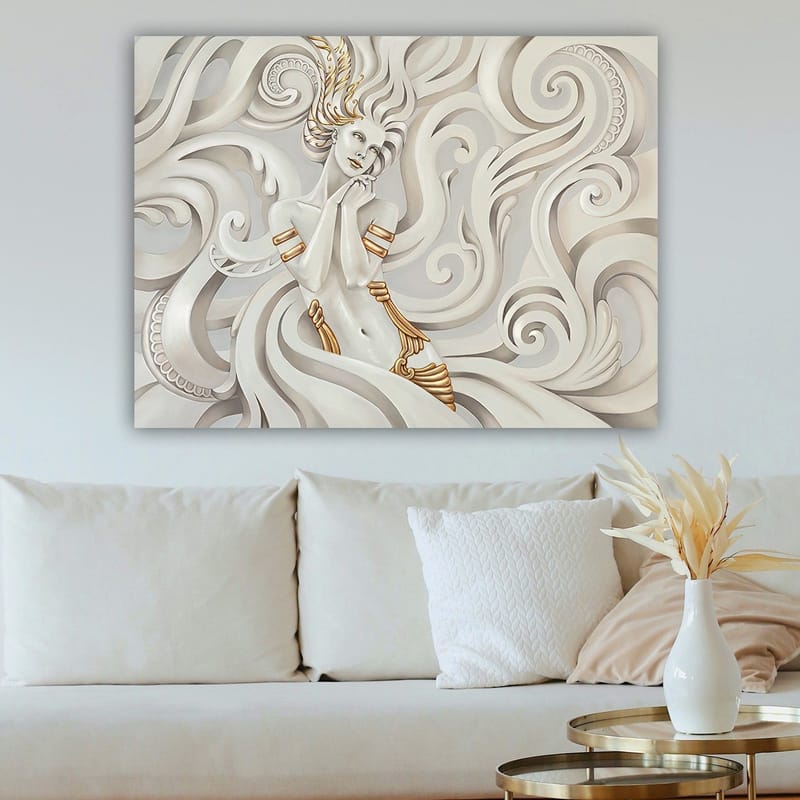 Lerretsbilde 70x100 cm - Elegant kvinne med flagrende hår omgitt av dekorative virvler og mønstre - Hvit / Gull / Grå - Interiør - Maleri & posters - Lerretsbilder