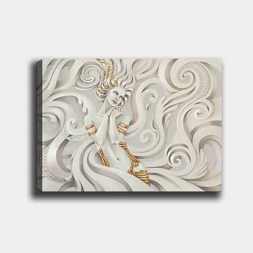 Lerretsbilde 70x100 cm - Elegant kvinne med flagrende hår omgitt av dekorative virvler og mønstre - Hvit / Gull / Grå - Interiør - Maleri & posters - Lerretsbilder