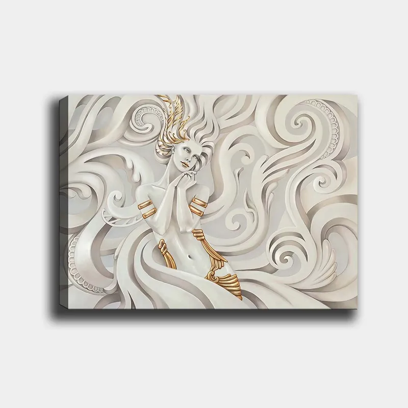 Lerretsbilde 70x100 cm - Elegant kvinne med flagrende hår omgitt av dekorative virvler og mønstre, Hvit / Gull / Grå