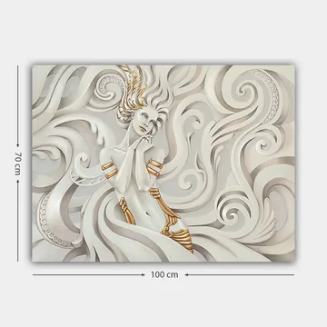 Lerretsbilde 70x100 cm - Elegant kvinne med flagrende hår omgitt av dekorative virvler og mønstre - Hvit / Gull / Grå - Interiør - Maleri & posters - Lerretsbilder