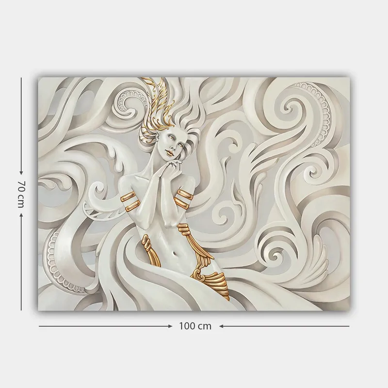 Lerretsbilde 70x100 cm - Elegant kvinne med flagrende hår omgitt av dekorative virvler og mønstre - Hvit / Gull / Grå - Interiør - Maleri & posters - Lerretsbilder