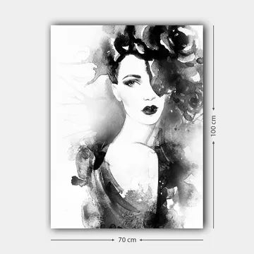 Lerretsbilde 70x100 cm - Elegant kvinne med mørkt hår og dramatisk sminke, omgitt av svarte blomster - Svart / Grå / Hvit - Interiør - Maleri & posters - Lerretsbilder