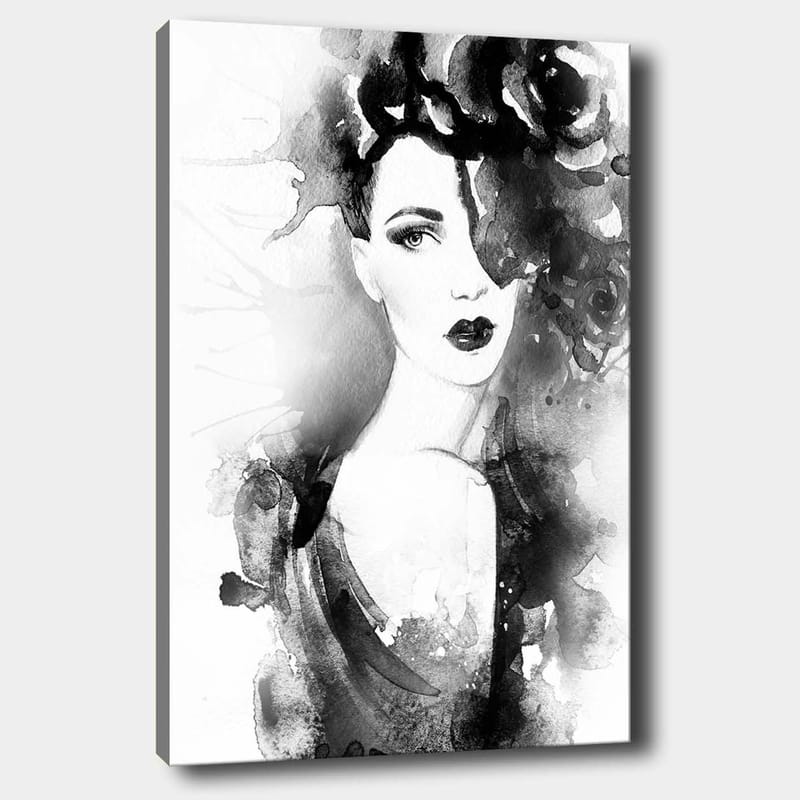 Lerretsbilde 70x100 cm - Elegant kvinne med mørkt hår og dramatisk sminke, omgitt av svarte blomster, Svart / Grå / Hvit