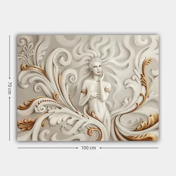 Lerretsbilde 70x100 cm - Elegant kvinne omgitt av svingete ornamenter og myke linjer - Hvit / Beige / Gull - Interiør - Maleri & posters - Lerretsbilder