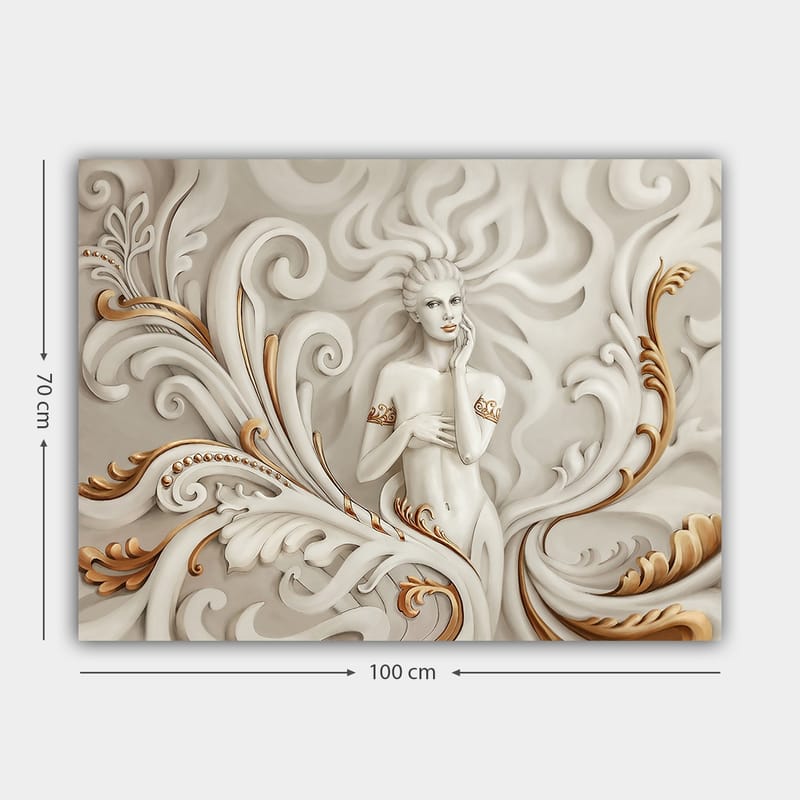 Lerretsbilde 70x100 cm - Elegant kvinne omgitt av svingete ornamenter og myke linjer - Hvit / Beige / Gull - Interiør - Maleri & posters - Lerretsbilder