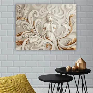 Lerretsbilde 70x100 cm - Elegant kvinne omgitt av svingete ornamenter og myke linjer - Hvit / Beige / Gull - Interiør - Maleri & posters - Lerretsbilder
