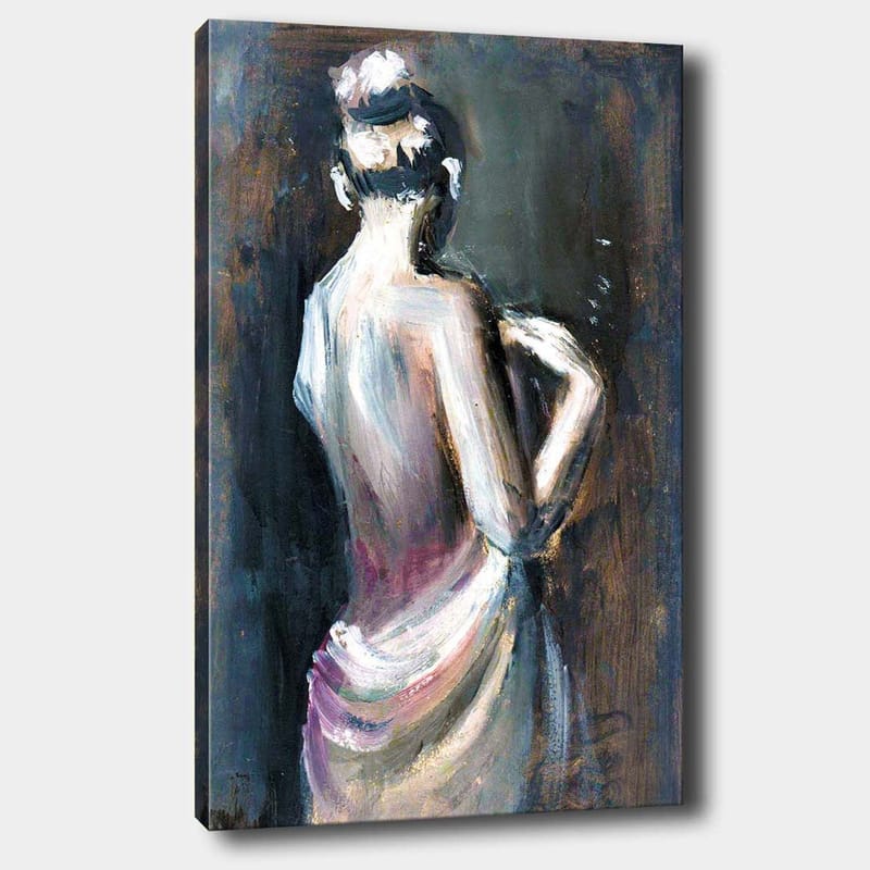 Lerretsbilde 70x100 cm - Elegant kvinne sett bakfra, iført en drapert kjole, Hvit / Beige / Mørk blå