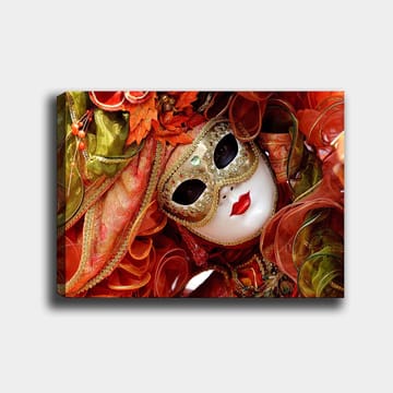 Lerretsbilde 70x100 cm - Elegant maskeradefigur med utsmykket maske og fargerikt kostyme - Rød / Oransje / Grønn - Interiør - Maleri & posters - Lerretsbilder