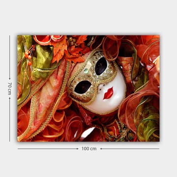 Lerretsbilde 70x100 cm - Elegant maskeradefigur med utsmykket maske og fargerikt kostyme - Rød / Oransje / Grønn - Interiør - Maleri & posters - Lerretsbilder