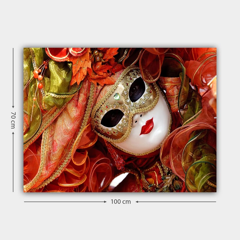 Lerretsbilde 70x100 cm - Elegant maskeradefigur med utsmykket maske og fargerikt kostyme - Rød / Oransje / Grønn - Interiør - Maleri & posters - Lerretsbilder