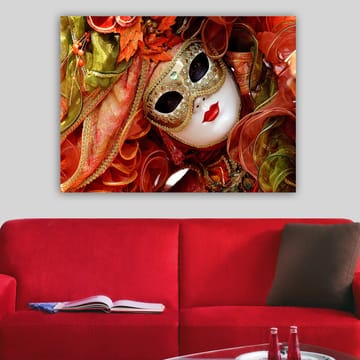 Lerretsbilde 70x100 cm - Elegant maskeradefigur med utsmykket maske og fargerikt kostyme - Rød / Oransje / Grønn - Interiør - Maleri & posters - Lerretsbilder
