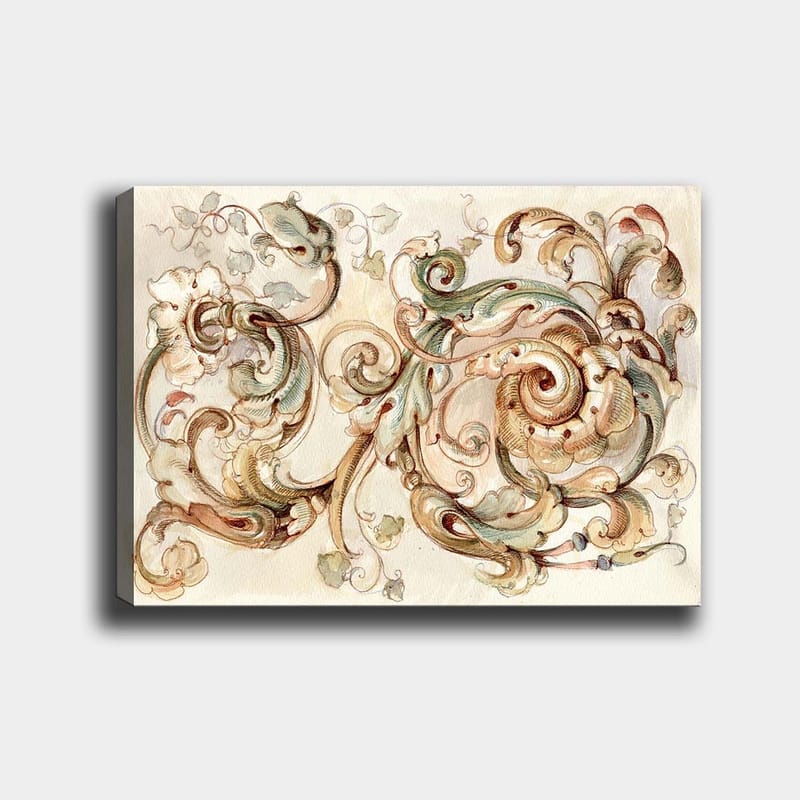 Lerretsbilde 70x100 cm - Elegant og detaljert ornamentikk med virvlende former og blomsterelementer, Grønn / Beige / Brun