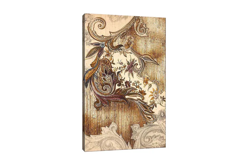 Lerretsbilde 70x100 cm - Elegant og detaljert planteinspirert dekorasjon med buede former og blomstermønstre, Gull / Brun / Beige