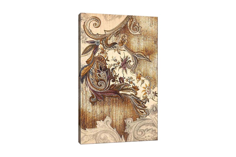 Lerretsbilde 70x100 cm - Elegant og detaljert planteinspirert dekorasjon med buede former og blomstermønstre, Gull / Brun / Beige