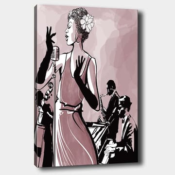 Lerretsbilde 70x100 cm - Elegant sanger i fokus, omgitt av musikere som skaper en jazzaktig atmosfære - Mørk rosa / Svart / Hvit - Interiør - Maleri & posters - Lerretsbilder