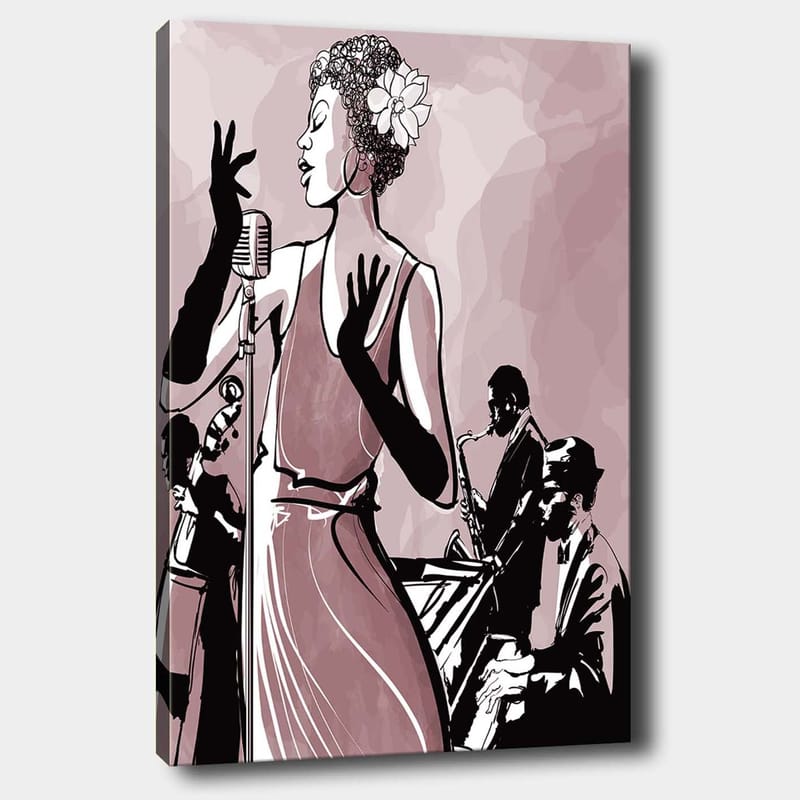 Lerretsbilde 70x100 cm - Elegant sanger i fokus, omgitt av musikere som skaper en jazzaktig atmosfære, Mørk rosa / Svart / Hvit