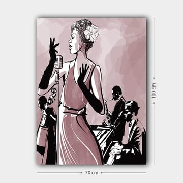 Lerretsbilde 70x100 cm - Elegant sanger i fokus, omgitt av musikere som skaper en jazzaktig atmosfære - Mørk rosa / Svart / Hvit - Interiør - Maleri & posters - Lerretsbilder