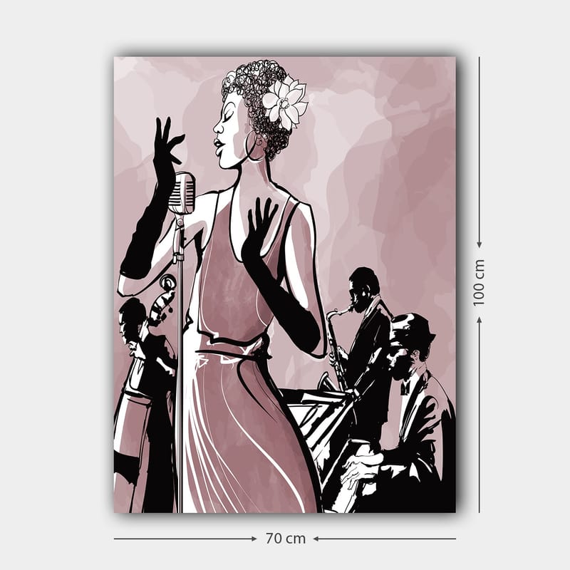 Lerretsbilde 70x100 cm - Elegant sanger i fokus, omgitt av musikere som skaper en jazzaktig atmosfære - Mørk rosa / Svart / Hvit - Interiør - Maleri & posters - Lerretsbilder