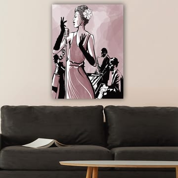 Lerretsbilde 70x100 cm - Elegant sanger i fokus, omgitt av musikere som skaper en jazzaktig atmosfære - Mørk rosa / Svart / Hvit - Interiør - Maleri & posters - Lerretsbilder