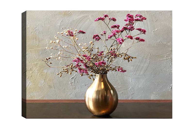 Lerretsbilde 70x100 cm - Elegant vase med tørkede blomster i rosa og beige nyanser, Gull / Rosa / Beige