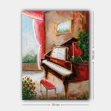 Lerretsbilde 70x100 cm - Elegant pianohjørne med et rødt piano og en benk i et lyst og innbydende miljø - Rød / Grønn / Beige - Interiør - Maleri & posters - Lerretsbilder