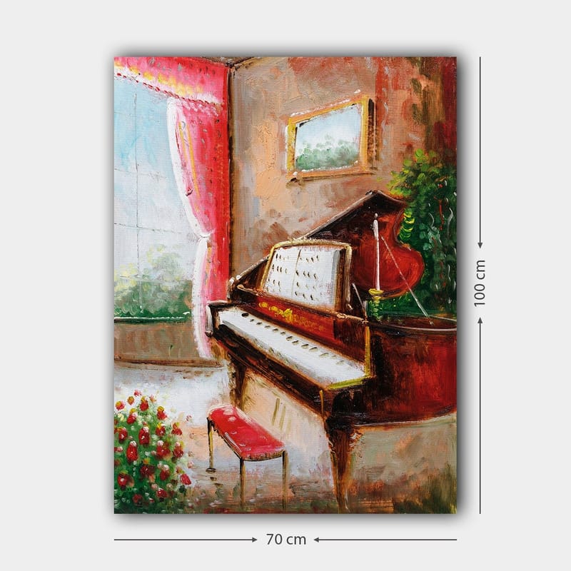 Lerretsbilde 70x100 cm - Elegant pianohjørne med et rødt piano og en benk i et lyst og innbydende miljø - Rød / Grønn / Beige - Interiør - Maleri & posters - Lerretsbilder