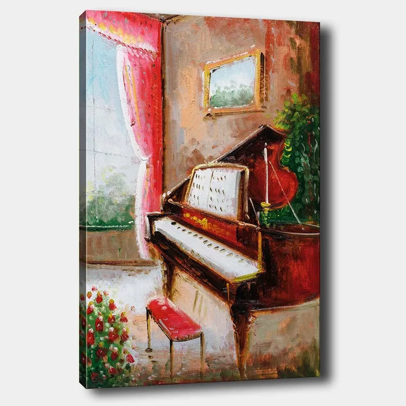 Lerretsbilde 70x100 cm - Elegant pianohjørne med et rødt piano og en benk i et lyst og innbydende miljø, Rød / Grønn / Beige