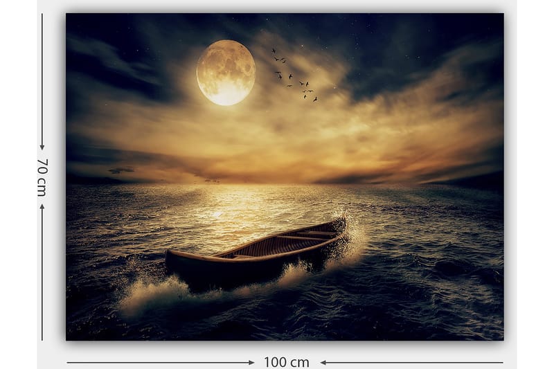 Lerretsbilde 70x100 cm - En ensom båt glir over en speilblank innsjø under en stor, lysende måne - Mørk blå / Gyllen / Grå - Interiør - Maleri & posters - Lerretsbilder