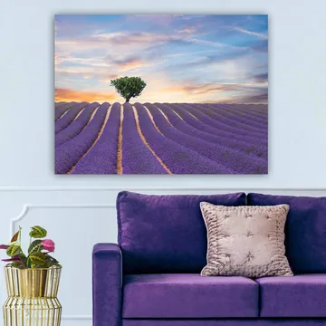 Lerretsbilde 70x100 cm - En ensom trekrone står stolt over et lavendelfelt i myke, bølgete rader under en fargerik himmel - Lilla / Grønn / Gul - Interiør - Maleri & posters - Lerretsbilder