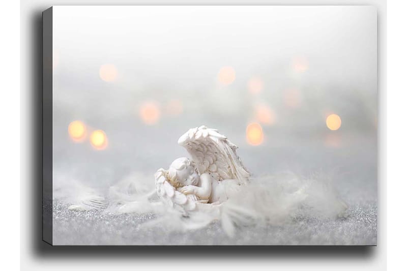 Lerretsbilde 70x100 cm - Engel hviler på en myk overflate, omgitt av lyse og drømmeaktige elementer - Hvit / Lys grå - Interiør - Maleri & posters - Lerretsbilder