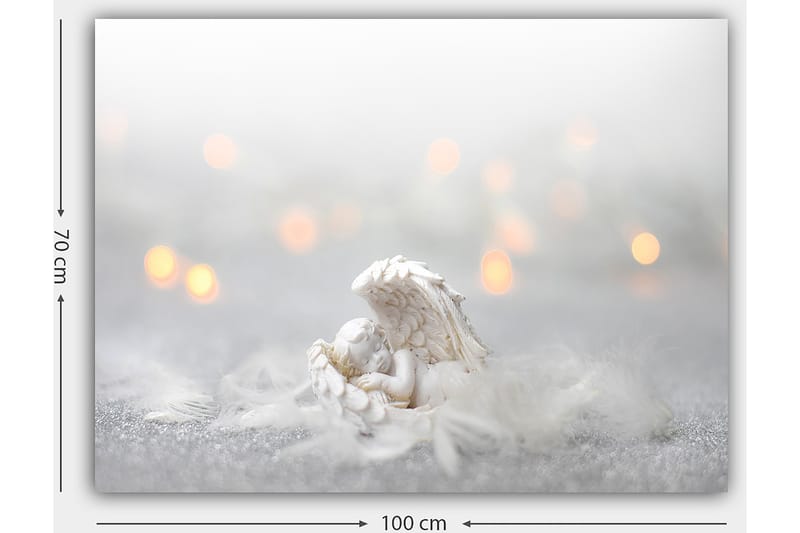 Lerretsbilde 70x100 cm - Engel hviler på en myk overflate, omgitt av lyse og drømmeaktige elementer - Hvit / Lys grå - Interiør - Maleri & posters - Lerretsbilder
