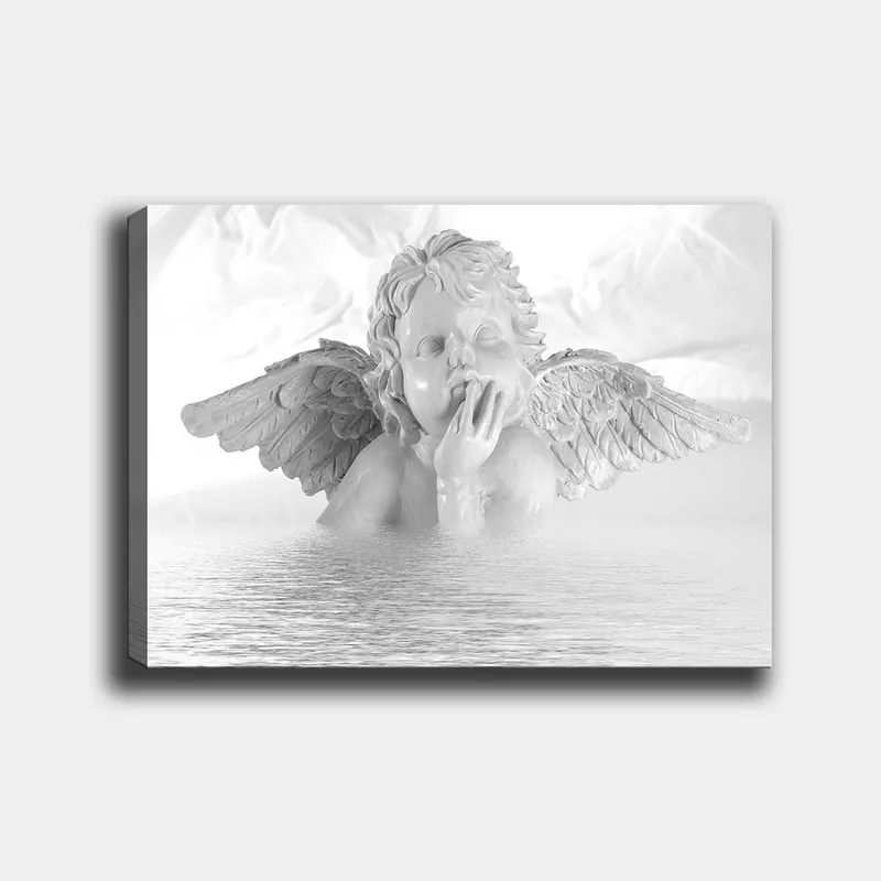 Lerretsbilde 70x100 cm - Engel med en tankefull positur delvis nedsenket i vann, Hvit / Lys grå