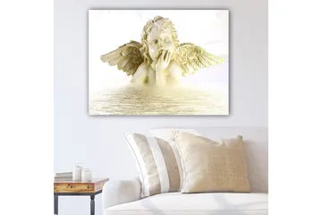 Lerretsbilde 70x100 cm - Engel med utstrakte vinger som ser drømmende ut, delvis nedsenket i vann - Lys beige / Hvit - Interiør - Maleri & posters - Lerretsbilder