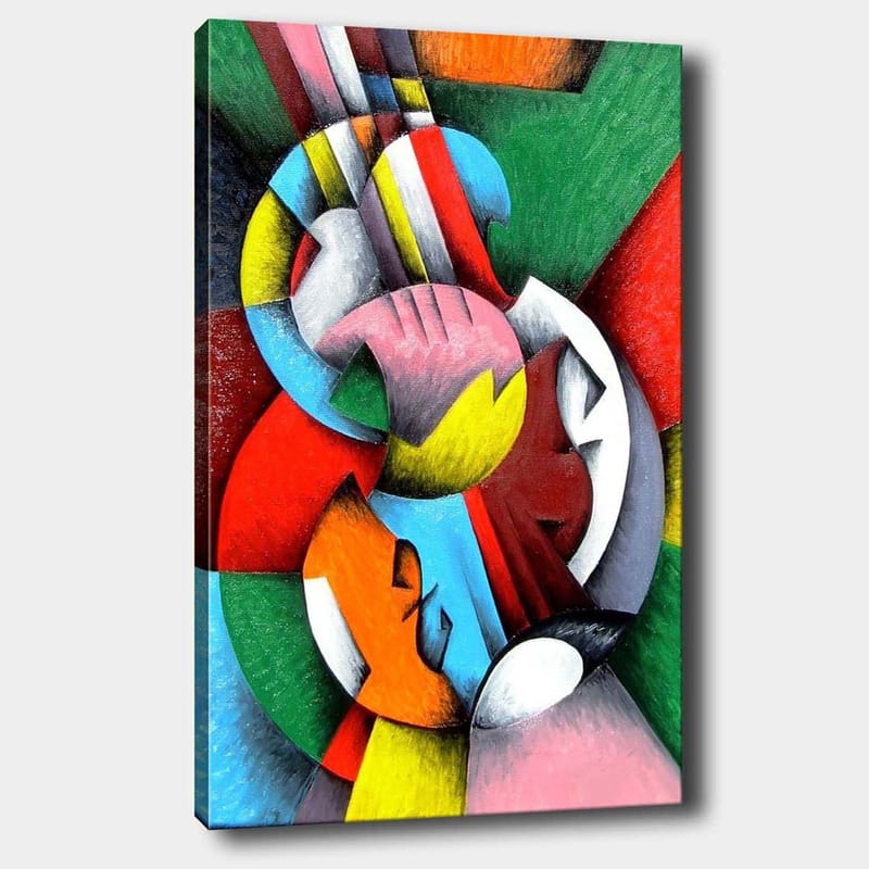 Lerretsbilde 70x100 cm - Et abstrakt kunstverk med en fiolin som hovedmotiv, omgitt av fargerike geometriske former - Rød / Grønn / Blå - Interiør - Maleri & posters - Lerretsbilder