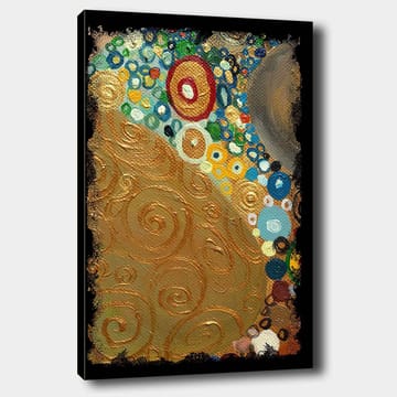 Lerretsbilde 70x100 cm - Et abstrakt kunstverk med gylne spiraler og fargerike sirkler - Gull / Blå / Grønn - Interiør - Maleri & posters - Lerretsbilder