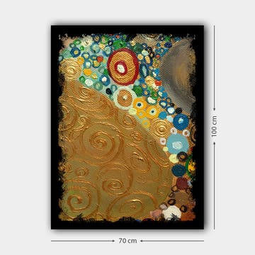 Lerretsbilde 70x100 cm - Et abstrakt kunstverk med gylne spiraler og fargerike sirkler - Gull / Blå / Grønn - Interiør - Maleri & posters - Lerretsbilder