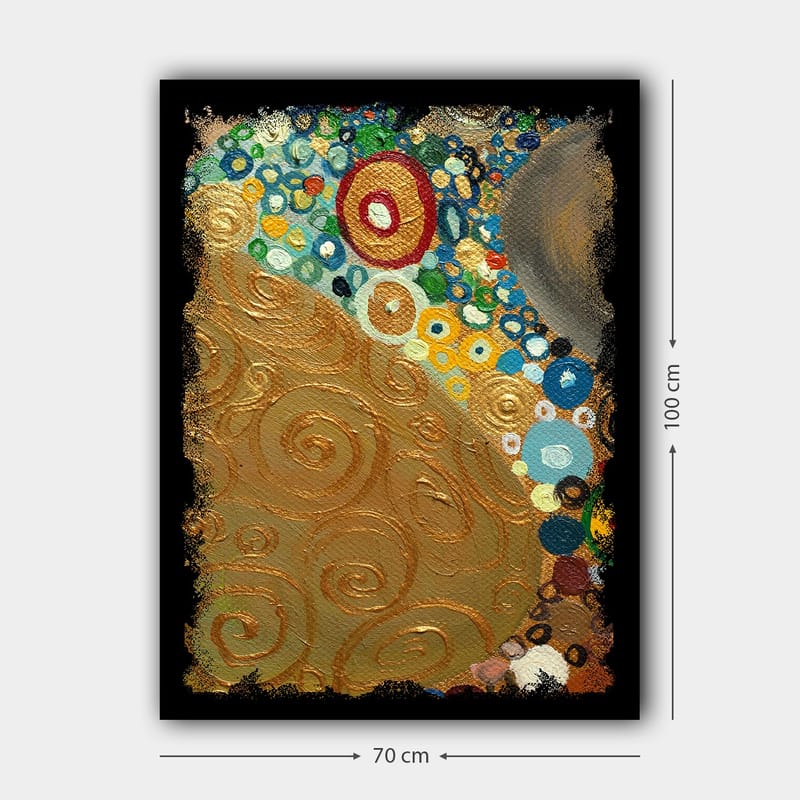 Lerretsbilde 70x100 cm - Et abstrakt kunstverk med gylne spiraler og fargerike sirkler - Gull / Blå / Grønn - Interiør - Maleri & posters - Lerretsbilder