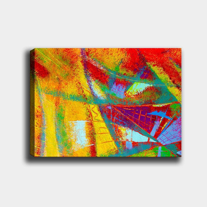 Lerretsbilde 70x100 cm - Et abstrakt kunstverk med livlige farger og dynamiske former som skaper en følelse av bevegelse, Rød / Gul / Blå