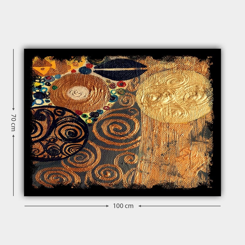 Lerretsbilde 70x100 cm - Et abstrakt kunstverk med spiraler og sirkler i gull og mørke nyanser - Gull / Svart / Brun - Interiør - Maleri & posters - Lerretsbilder