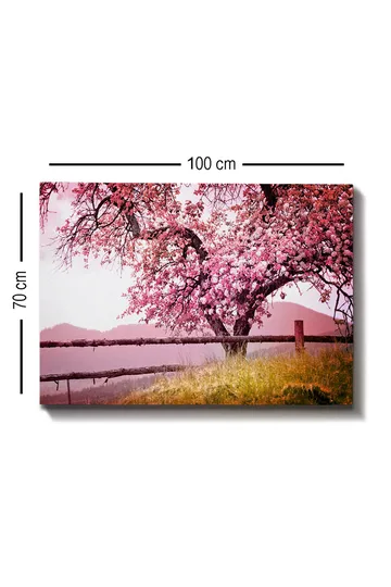 Lerretsbilde 70x100 cm - Et blomstrende kirsebærtre i et idyllisk landskap - Rosa / Grønn / Brun - Interiør - Maleri & posters - Lerretsbilder